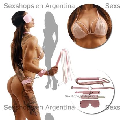 Kit de ecocuero rosa con antifaz, mordaza, esposas, latigo y conjunto de vinilo